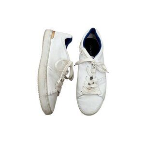Zara Man White Leather Low-Top Sneakers With Gold Accent & Blue Lining